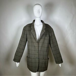 80’s Krizia Blazer Wool Blend Lapel Collar 2 Button Long Sleeve Plaid Green 46